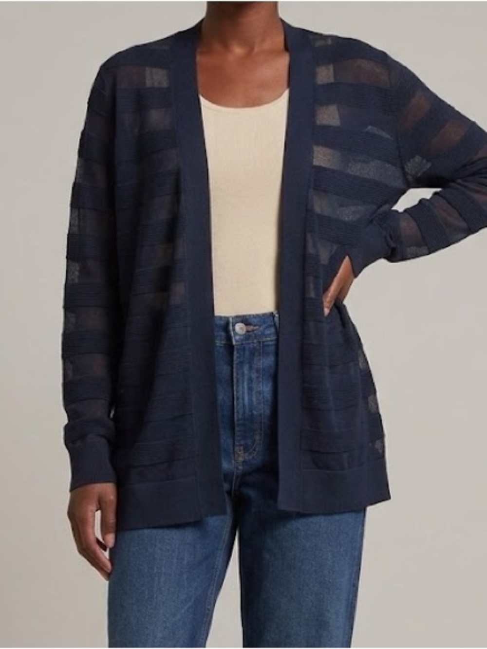 Michael Kors Open Front Sheer Stripe Sweater Cardigan Navy Blue Size Small